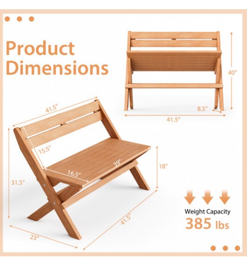 2-Person Teak Wood Folding Outdoor Benches with Slatted Seat