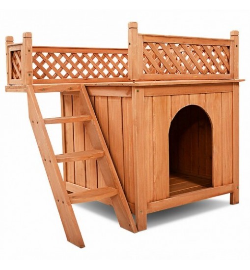 Wooden Dog House with Stairs and Raised Balcony for Puppy and Cat