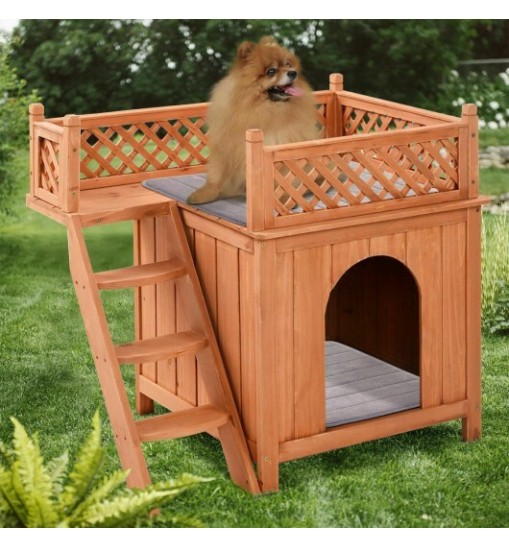 Wooden Dog House with Stairs and Raised Balcony for Puppy and Cat