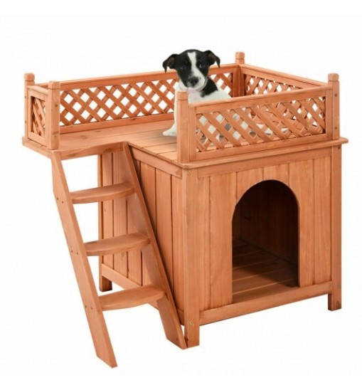 Wooden Dog House with Stairs and Raised Balcony for Puppy and Cat