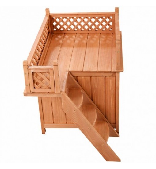 Wooden Dog House with Stairs and Raised Balcony for Puppy and Cat