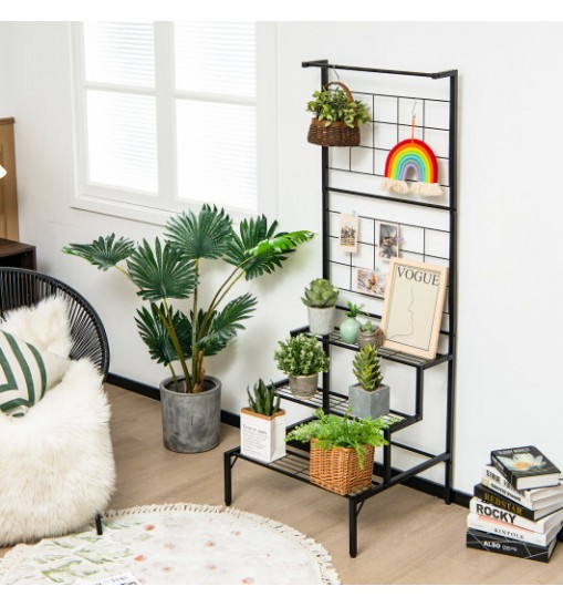 3-Tier Hanging Plant Stand with Grid Panel Display Shelf