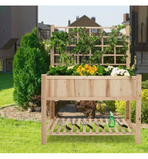 Costway Raised Garden Bed Elevated Wooden Planter Box with Trellis