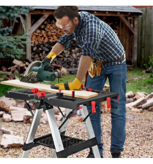 Portable Folding Workbench with Adjustable Height for Garage Home-Black & Red