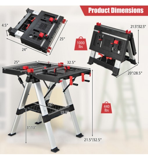 Portable Folding Workbench with Adjustable Height for Garage Home-Black & Red