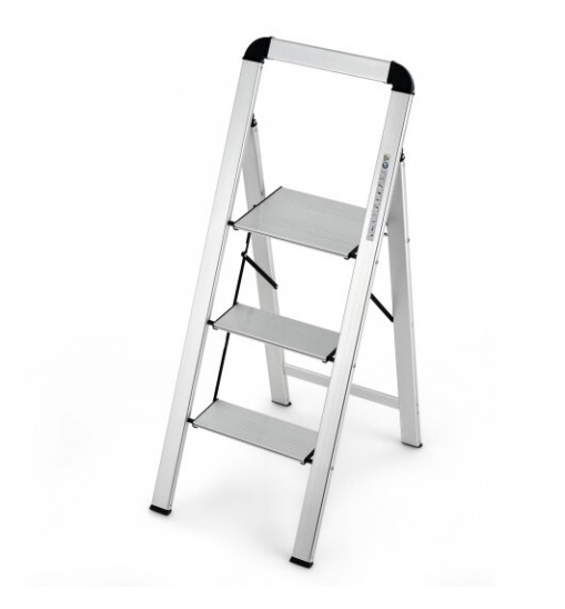 3-Step Ladder Aluminum Folding Step Stool with Non-Slip Pedal and Footpads-Sliver