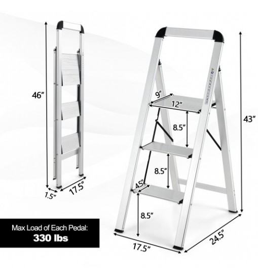 3-Step Ladder Aluminum Folding Step Stool with Non-Slip Pedal and Footpads-Sliver