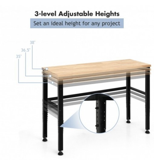 53 Inch Adjustable Heavy-Duty Workbench with Rubber Wood Top