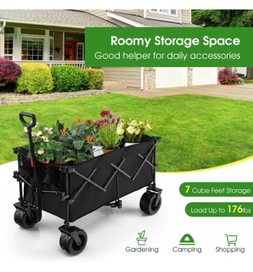 Folding Utility Garden Cart with Wide Wheels and Adjustable Handle-Black