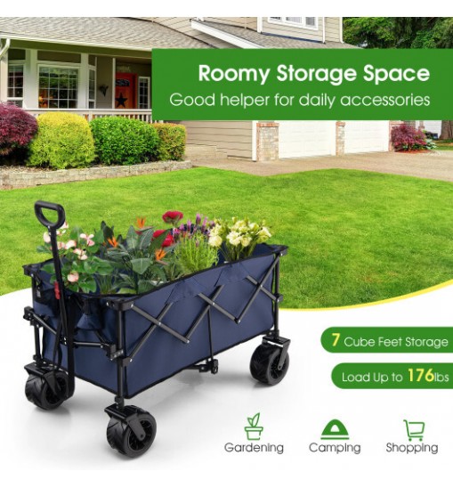 Folding Utility Garden Cart with Wide Wheels and Adjustable Handle-Black