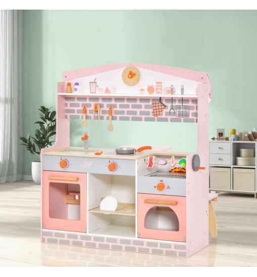 Double-Sided Kids Play Kitchen Set with Canopy and 2 Seats