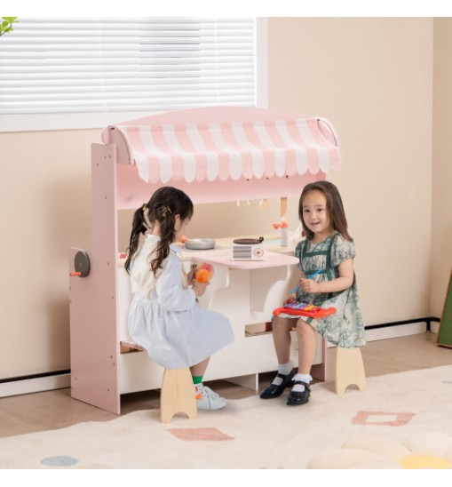 Double-Sided Kids Play Kitchen Set with Canopy and 2 Seats