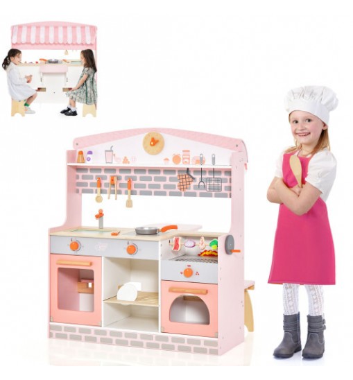 Double-Sided Kids Play Kitchen Set with Canopy and 2 Seats