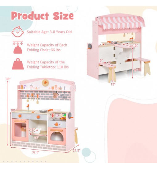 Double-Sided Kids Play Kitchen Set with Canopy and 2 Seats