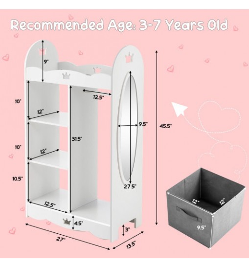 Kids Dress up Storage Costume Closet with Mirror and Toy Bins-White