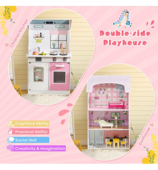 2-In-1 Kids Kitchen Playset and Dollhouse with Accessories