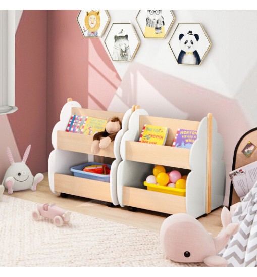 Kids Wooden Bookshelf with Universal Wheels