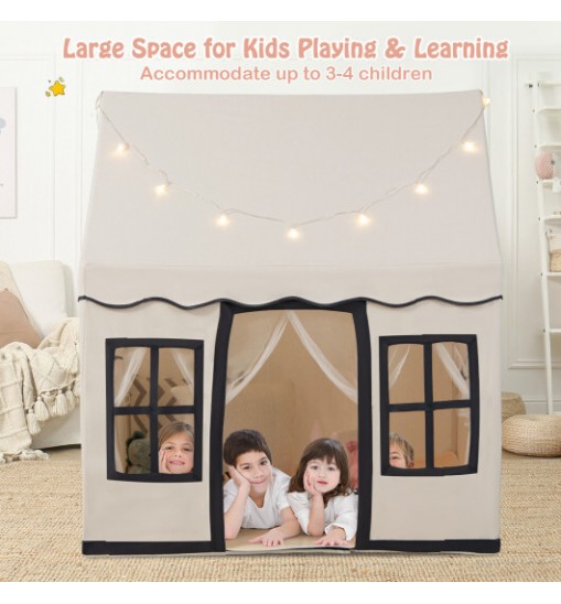 Toddler Large Playhouse with Star String Lights-Beige