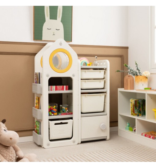 Multipurpose Toy Chest and Bookshelf with Mobile Trolley for Bedroom-Gray