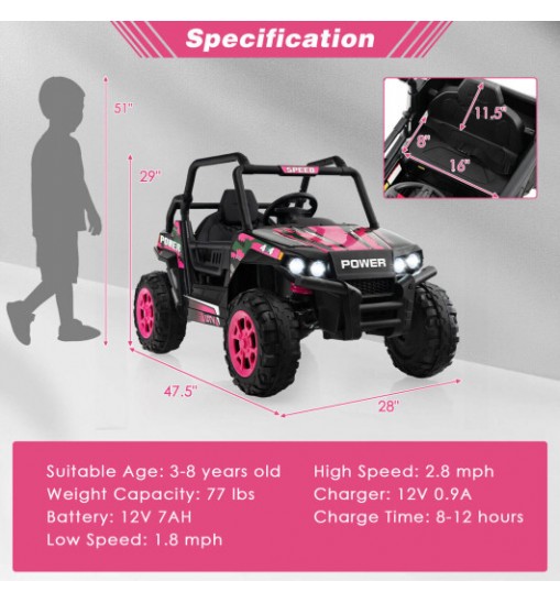 12V Kids UTV Ride on Car with 2.4G Remote Control Music and LED Lights-Pink