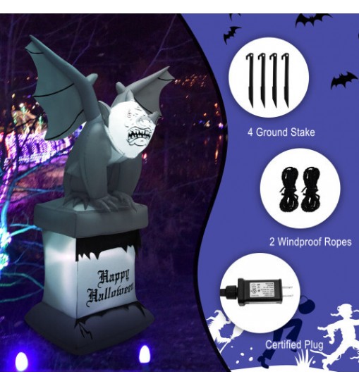 8.2 Feet Halloween Inflatable Gravestone with Gargoyle Yard Decoration and LED Lights