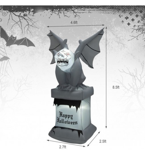 8.2 Feet Halloween Inflatable Gravestone with Gargoyle Yard Decoration and LED Lights