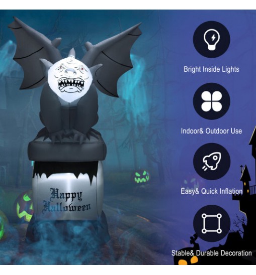 8.2 Feet Halloween Inflatable Gravestone with Gargoyle Yard Decoration and LED Lights