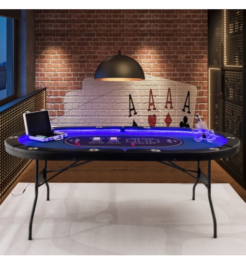 Foldable 10-Player Poker Table with LED Lights and USB Ports Ideal for Texas Casino-Blue