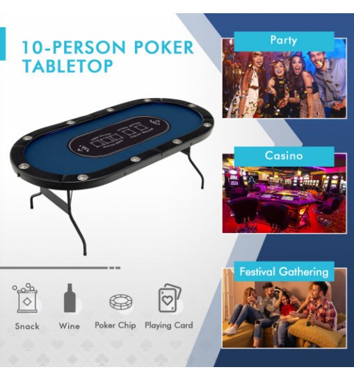 Foldable 10-Player Poker Table with LED Lights and USB Ports Ideal for Texas Casino-Blue