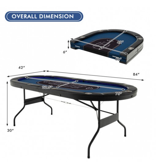 Foldable 10-Player Poker Table with LED Lights and USB Ports Ideal for Texas Casino-Blue