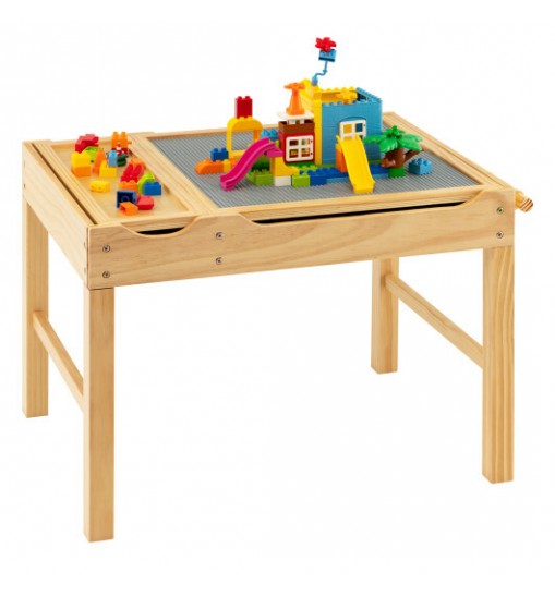 Kids Multi Activity Play Table Wooden Building Block Desk with Storage Paper Roll-Natural