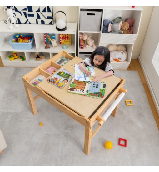 Kids Multi Activity Play Table Wooden Building Block Desk with Storage Paper Roll-Natural