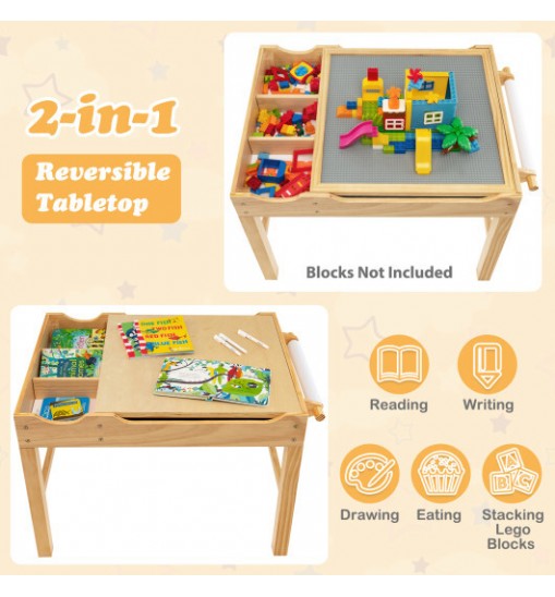 Kids Multi Activity Play Table Wooden Building Block Desk with Storage Paper Roll-Natural