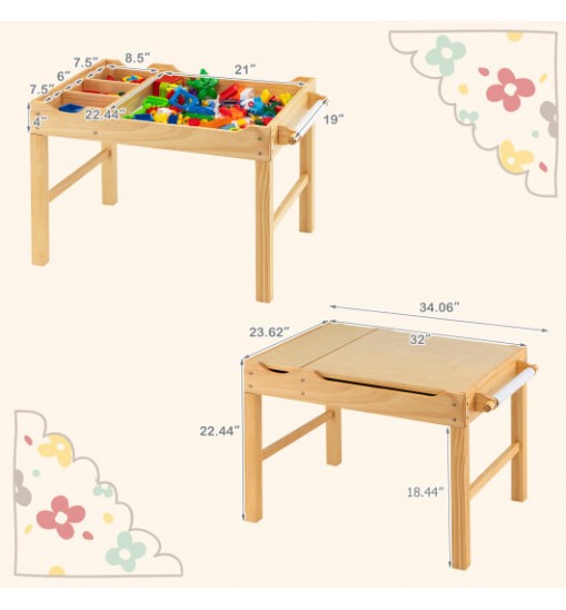 Kids Multi Activity Play Table Wooden Building Block Desk with Storage Paper Roll-Natural