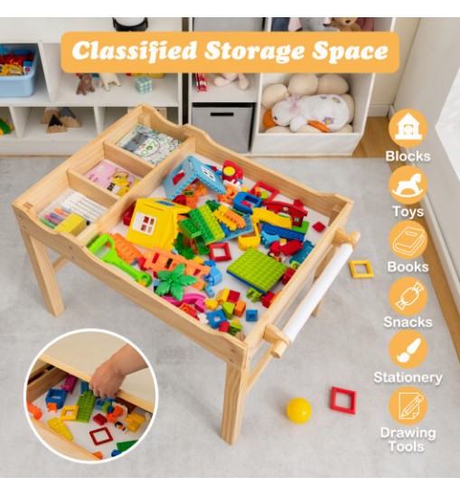 Kids Multi Activity Play Table Wooden Building Block Desk with Storage Paper Roll-Natural