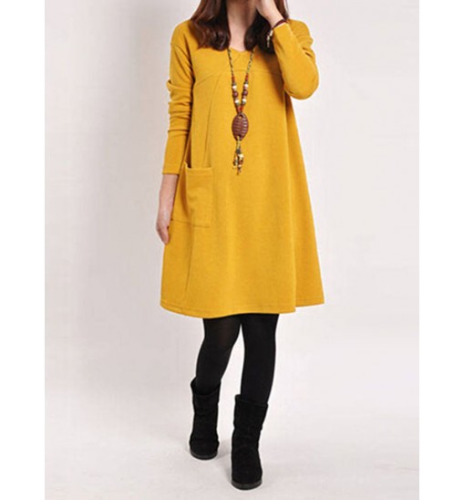 Casual Women Solid Color V-Neck Pocket Long Sleeve Mini Dress