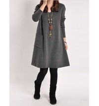 Casual Women Solid Color V-Neck Pocket Long Sleeve Mini Dress