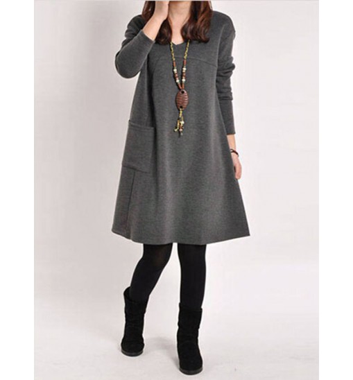 Casual Women Solid Color V-Neck Pocket Long Sleeve Mini Dress