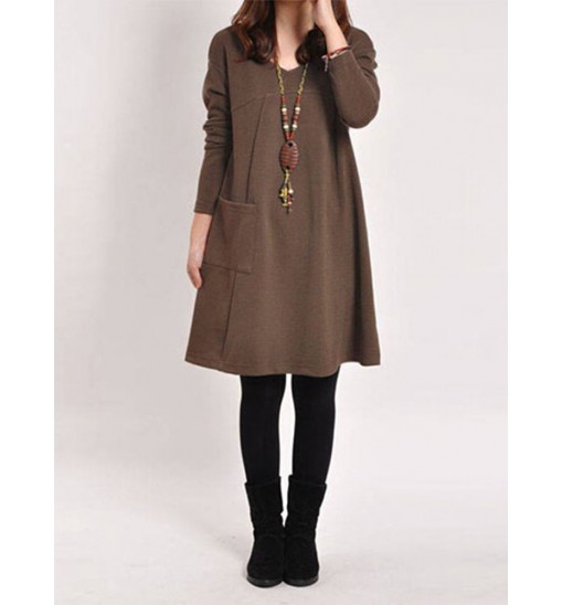 Casual Women Solid Color V-Neck Pocket Long Sleeve Mini Dress