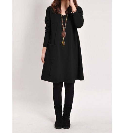 Casual Women Solid Color V-Neck Pocket Long Sleeve Mini Dress