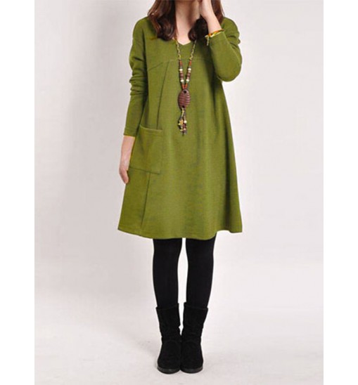 Casual Women Solid Color V-Neck Pocket Long Sleeve Mini Dress