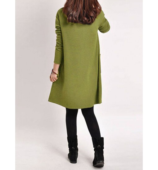 Casual Women Solid Color V-Neck Pocket Long Sleeve Mini Dress