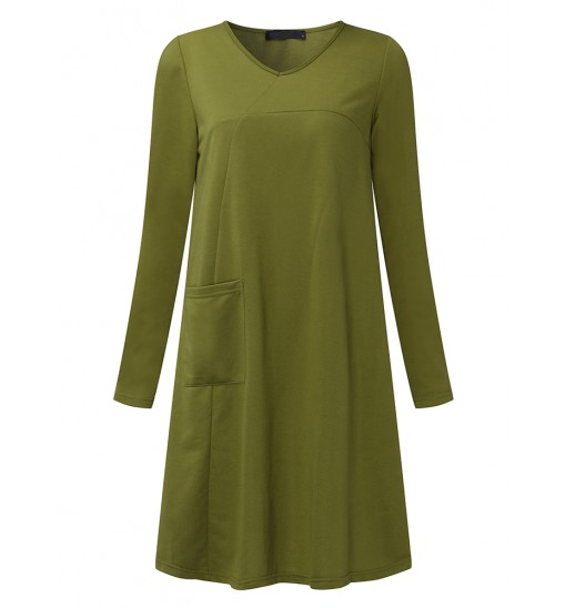 Casual Women Solid Color V-Neck Pocket Long Sleeve Mini Dress