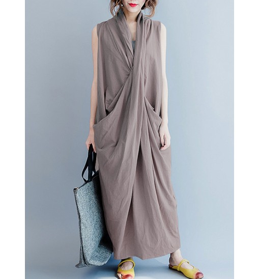 Women Sleeveless V Neck Solid Color Maxi Dress