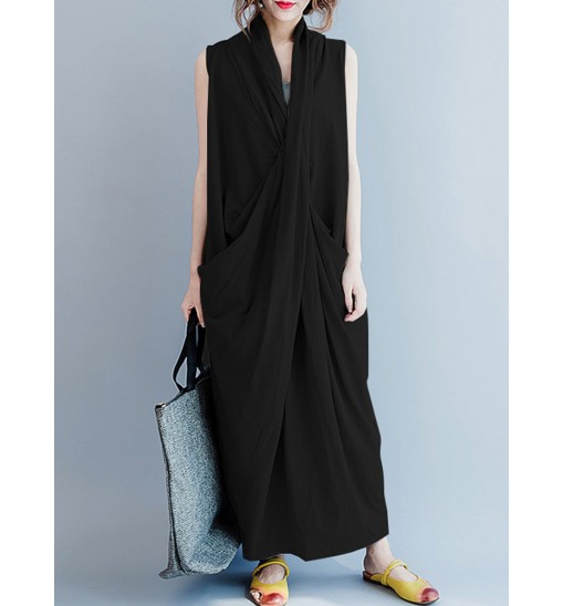 Women Sleeveless V Neck Solid Color Maxi Dress