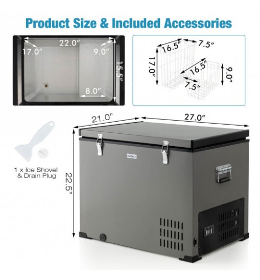 90 QT Portable Car Refrigerator Freezer with Compressor-Gray - Color: Gray - Size: L