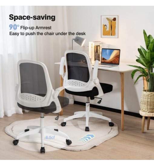 Adjustable Mesh Office Chair Rolling Computer Desk Chair with Flip-up Armrest-White - Color: White