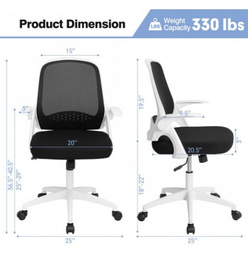 Adjustable Mesh Office Chair Rolling Computer Desk Chair with Flip-up Armrest-White - Color: White