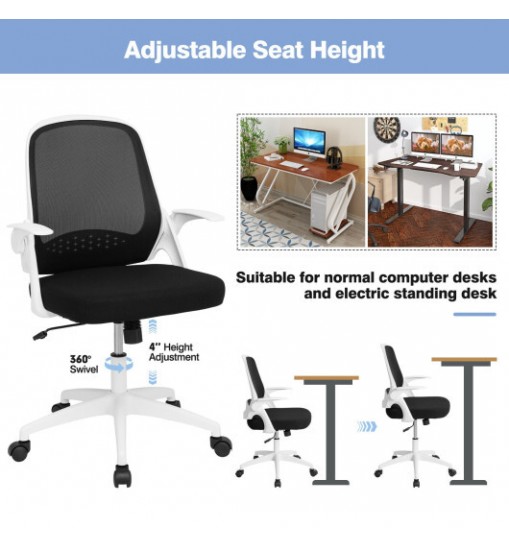 Adjustable Mesh Office Chair Rolling Computer Desk Chair with Flip-up Armrest-White - Color: White