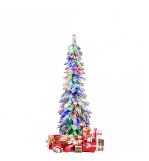 4 Feet Pre-Lit Artificial Christmas Tree Snow-Flocked Slim Pencil Xmas Decor - Color: White - Size: 4 ft